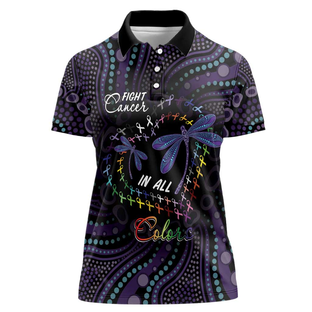 Fight Cancer In All Colors Australia Indigenous Women Polo Shirt Dragonflies Aboriginal Art