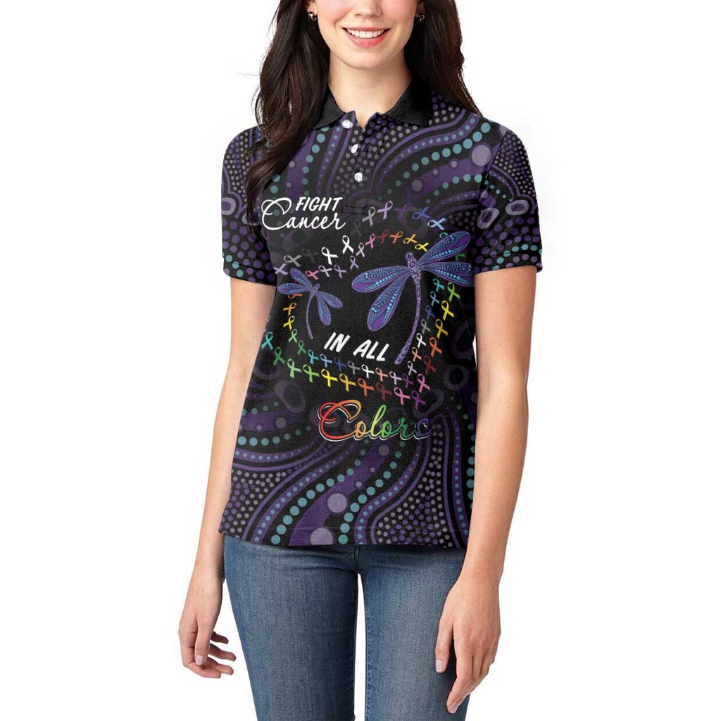 Fight Cancer In All Colors Australia Indigenous Women Polo Shirt Dragonflies Aboriginal Art