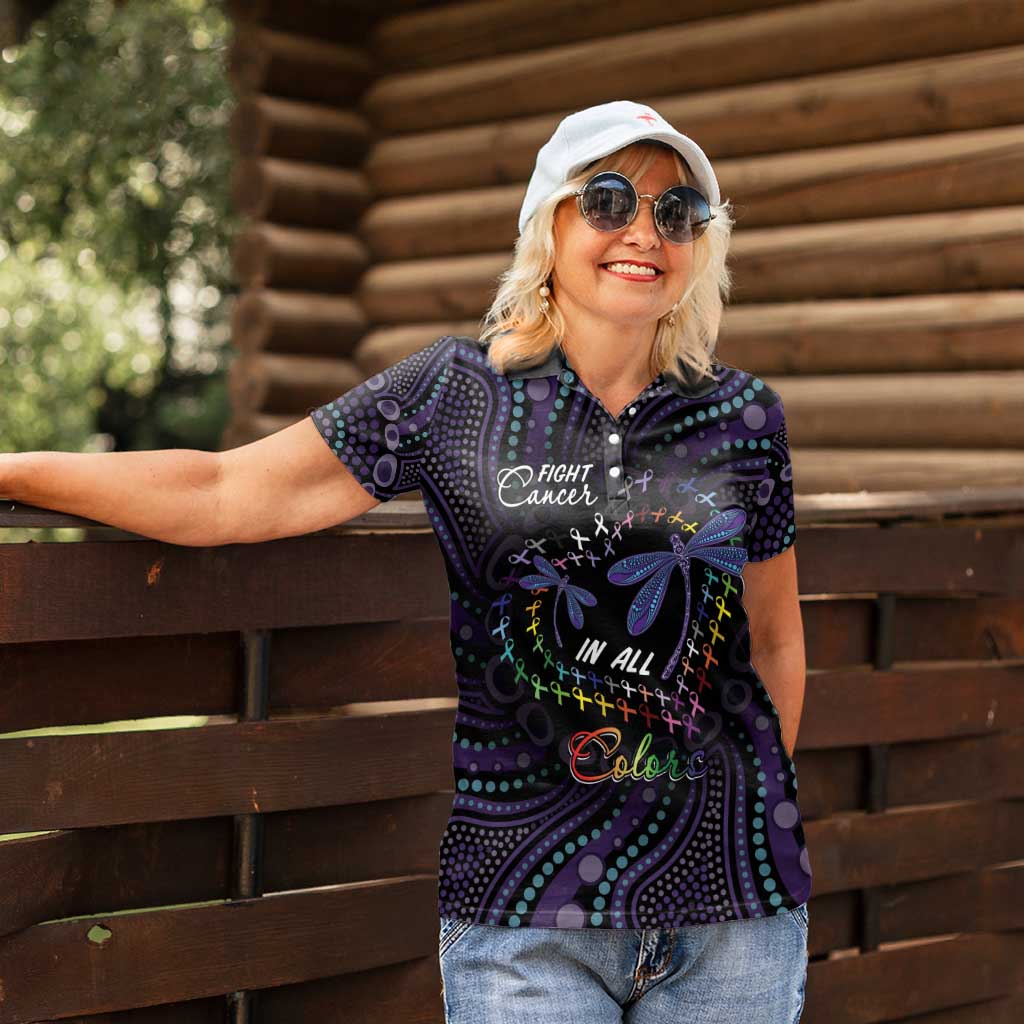 Fight Cancer In All Colors Australia Indigenous Women Polo Shirt Dragonflies Aboriginal Art