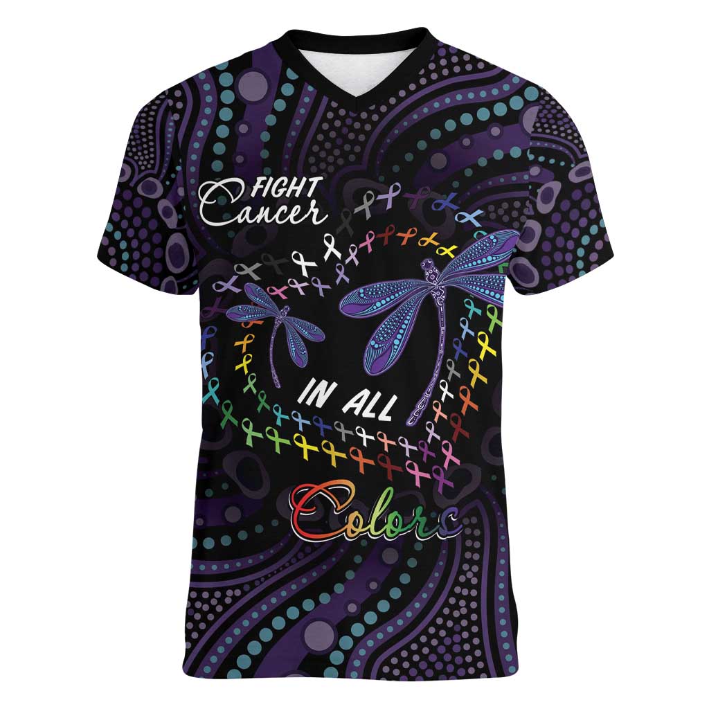 Fight Cancer In All Colors Australia Indigenous Women V-Neck T-Shirt Dragonflies Aboriginal Art