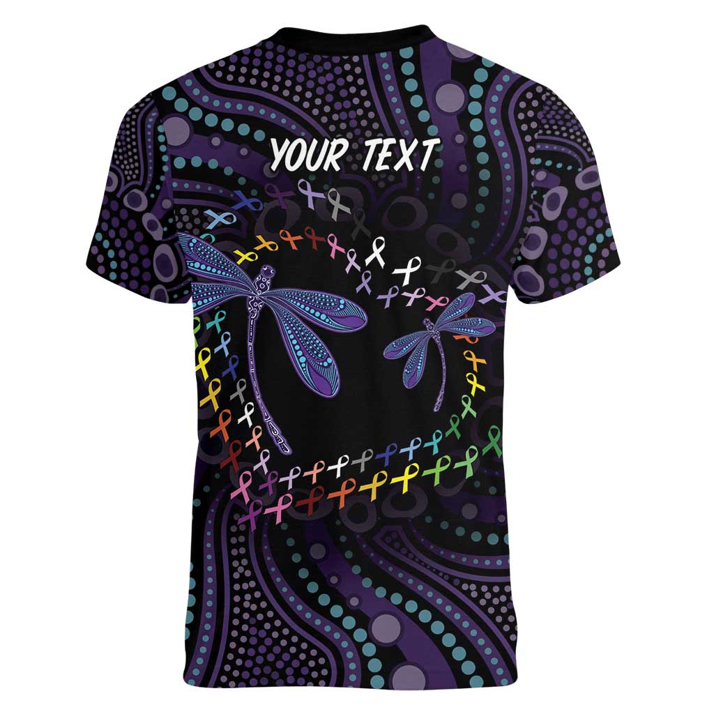 Fight Cancer In All Colors Australia Indigenous Women V-Neck T-Shirt Dragonflies Aboriginal Art