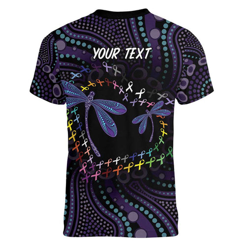 Fight Cancer In All Colors Australia Indigenous Women V-Neck T-Shirt Dragonflies Aboriginal Art