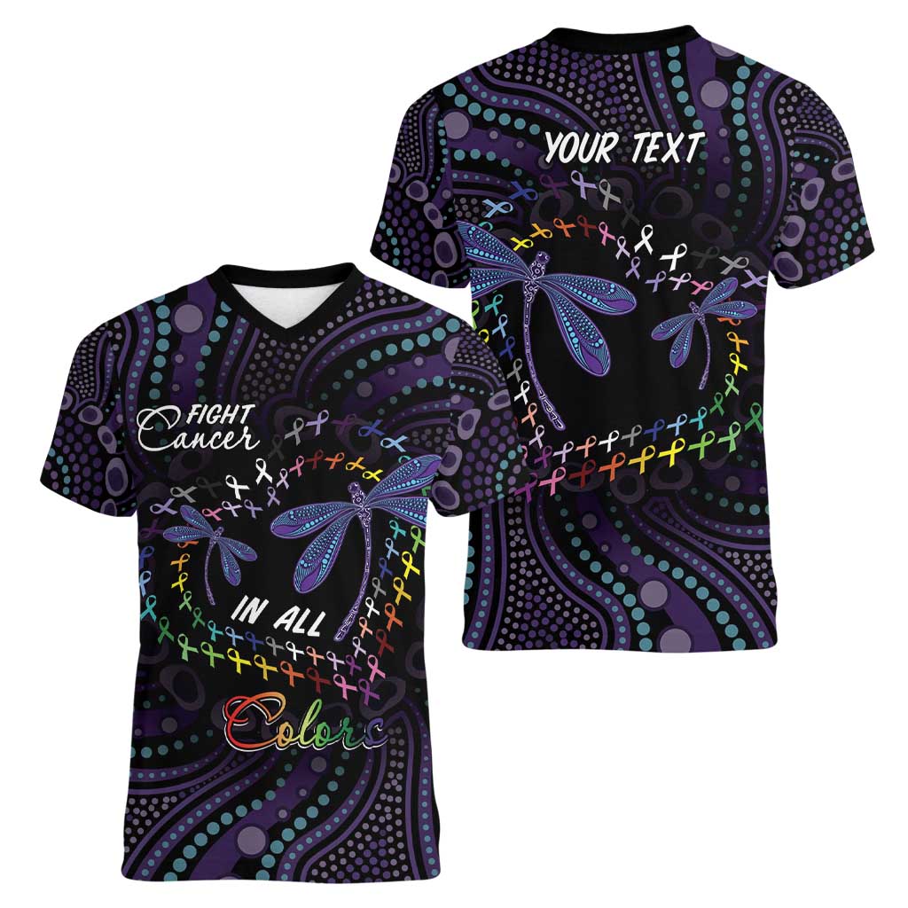 Fight Cancer In All Colors Australia Indigenous Women V-Neck T-Shirt Dragonflies Aboriginal Art