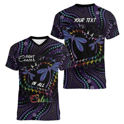Fight Cancer In All Colors Australia Indigenous Women V-Neck T-Shirt Dragonflies Aboriginal Art