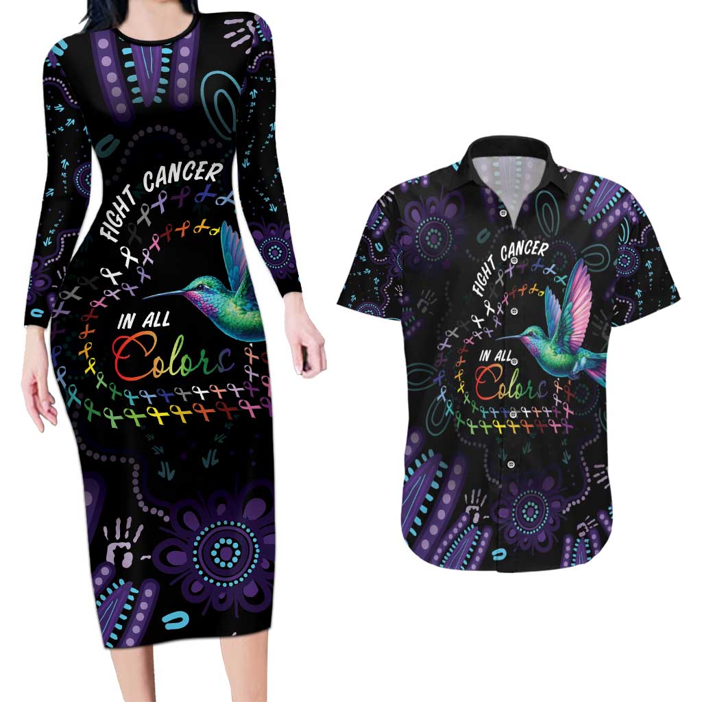 Australia Indigenous Aboriginal Arts Couples Matching Long Sleeve Bodycon Dress and Hawaiian Shirt Hummingbird - Fight Cancer In All Colors