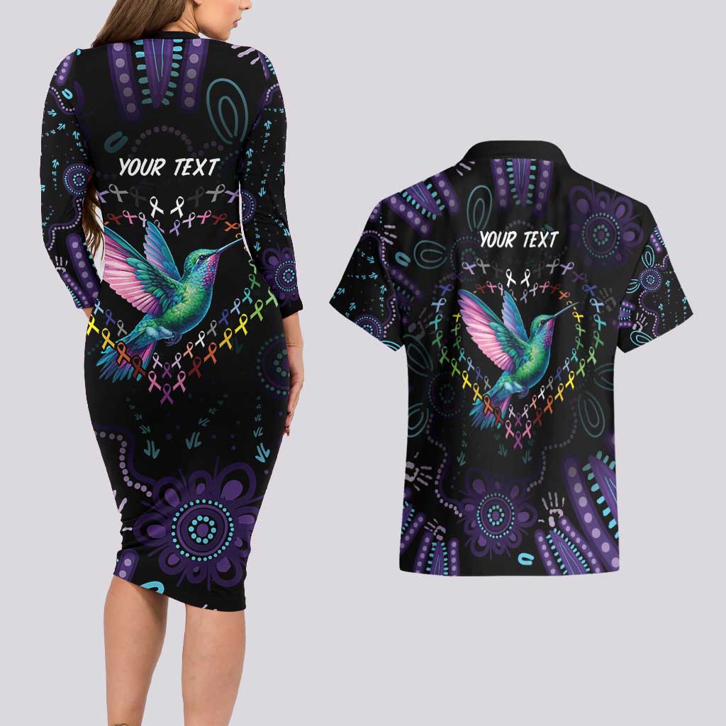 Australia Indigenous Aboriginal Arts Couples Matching Long Sleeve Bodycon Dress and Hawaiian Shirt Hummingbird - Fight Cancer In All Colors