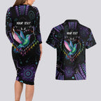 Australia Indigenous Aboriginal Arts Couples Matching Long Sleeve Bodycon Dress and Hawaiian Shirt Hummingbird - Fight Cancer In All Colors