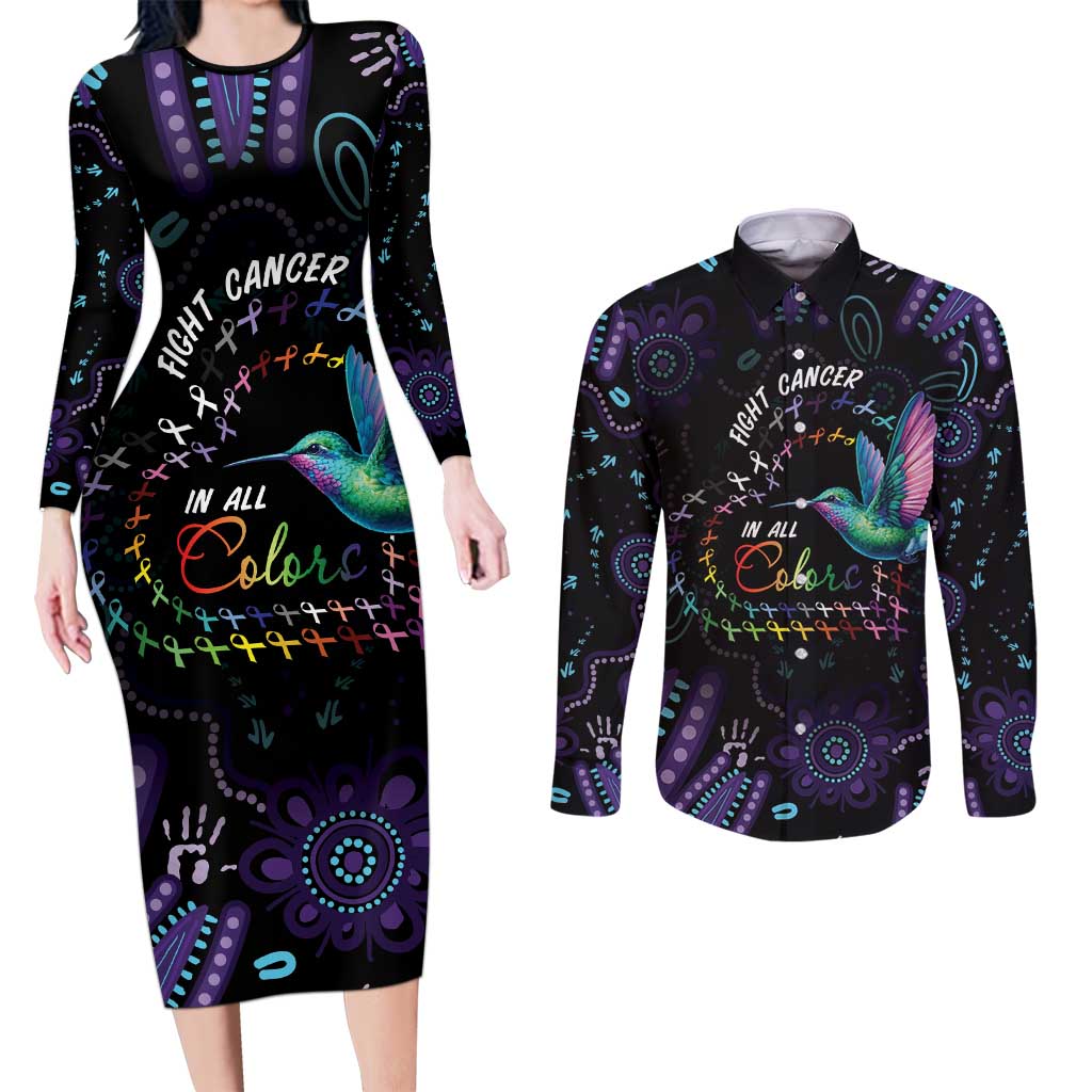 Australia Indigenous Aboriginal Arts Couples Matching Long Sleeve Bodycon Dress and Long Sleeve Button Shirt Hummingbird - Fight Cancer In All Colors