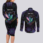 Australia Indigenous Aboriginal Arts Couples Matching Long Sleeve Bodycon Dress and Long Sleeve Button Shirt Hummingbird - Fight Cancer In All Colors