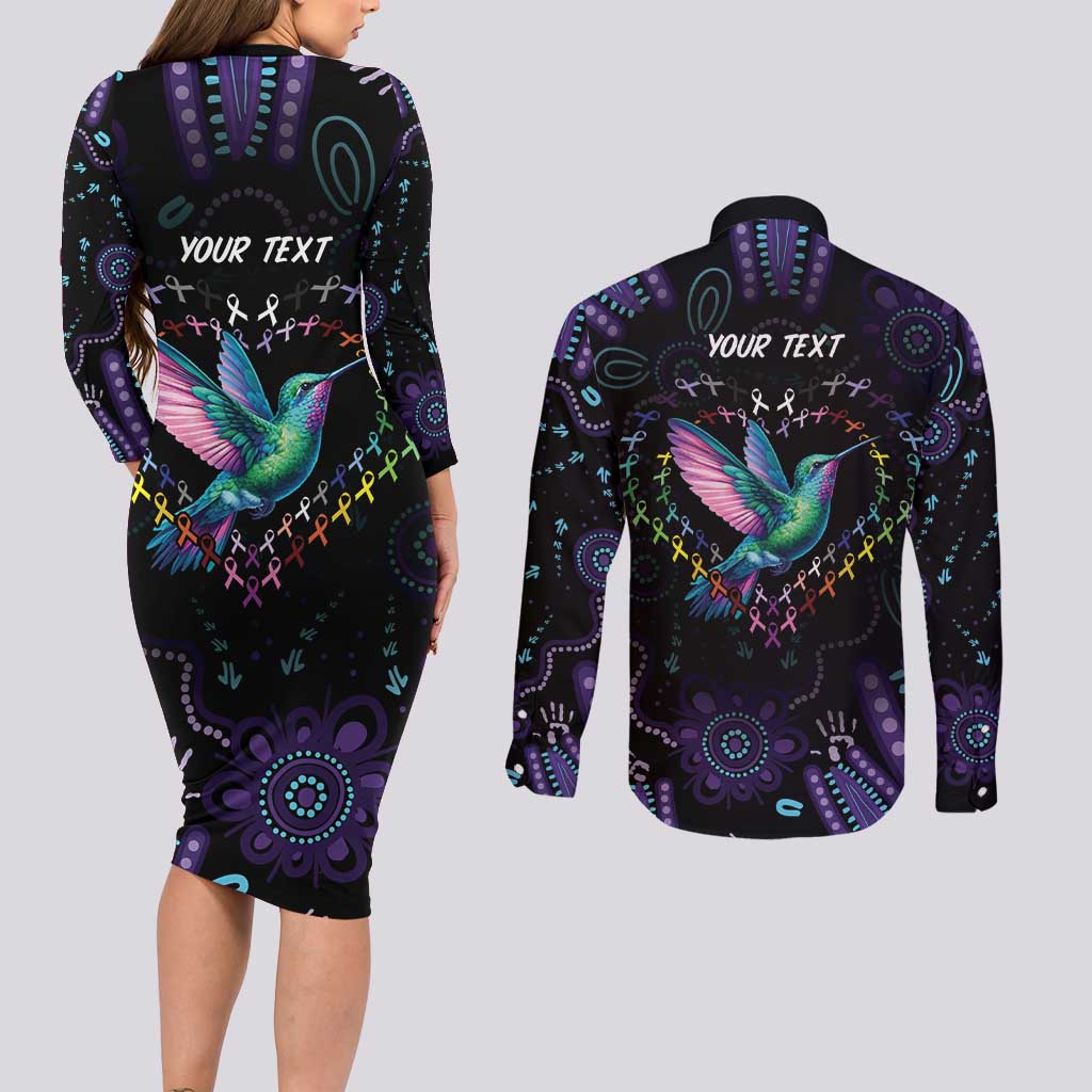 Australia Indigenous Aboriginal Arts Couples Matching Long Sleeve Bodycon Dress and Long Sleeve Button Shirt Hummingbird - Fight Cancer In All Colors