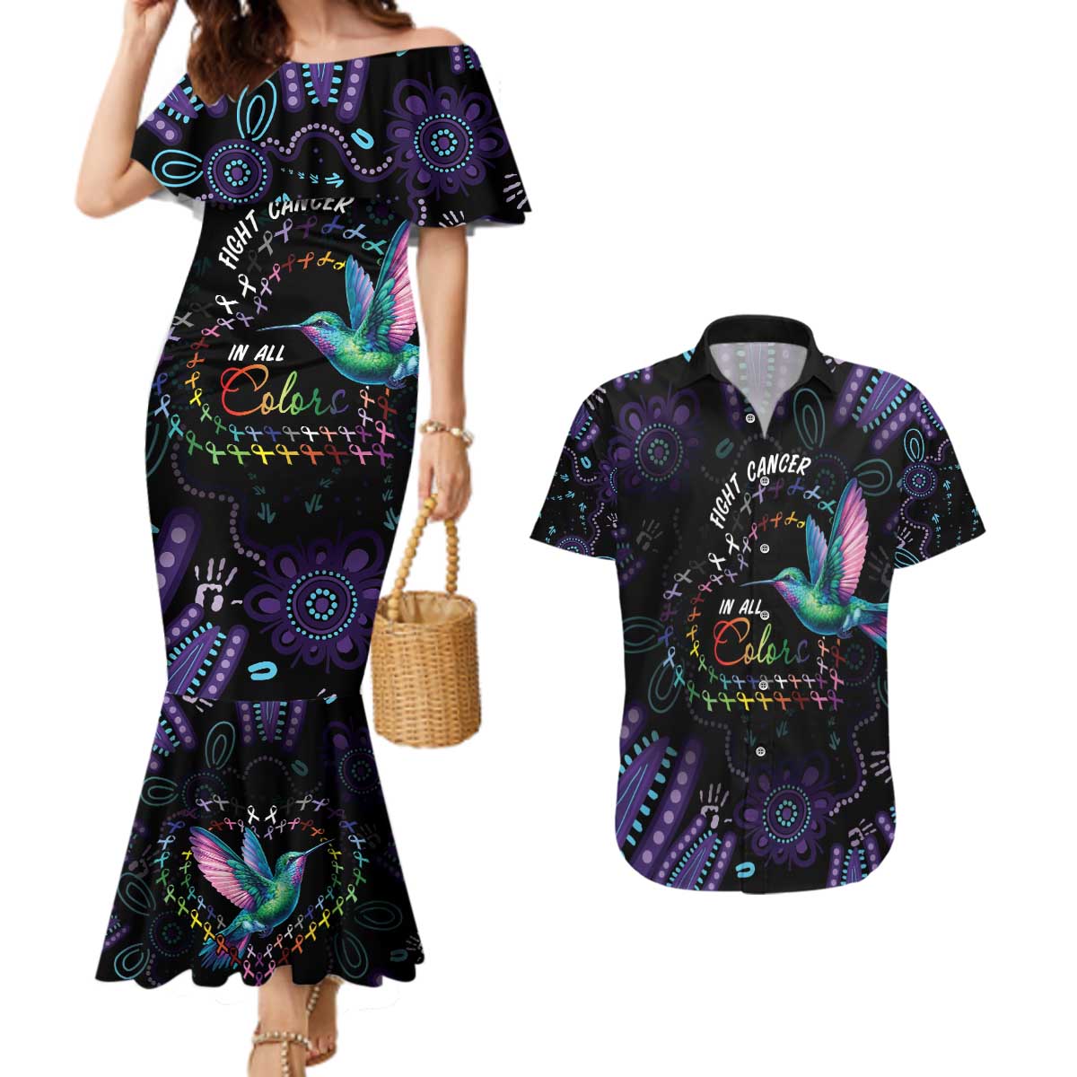 Australia Indigenous Aboriginal Arts Couples Matching Mermaid Dress and Hawaiian Shirt Hummingbird - Fight Cancer In All Colors