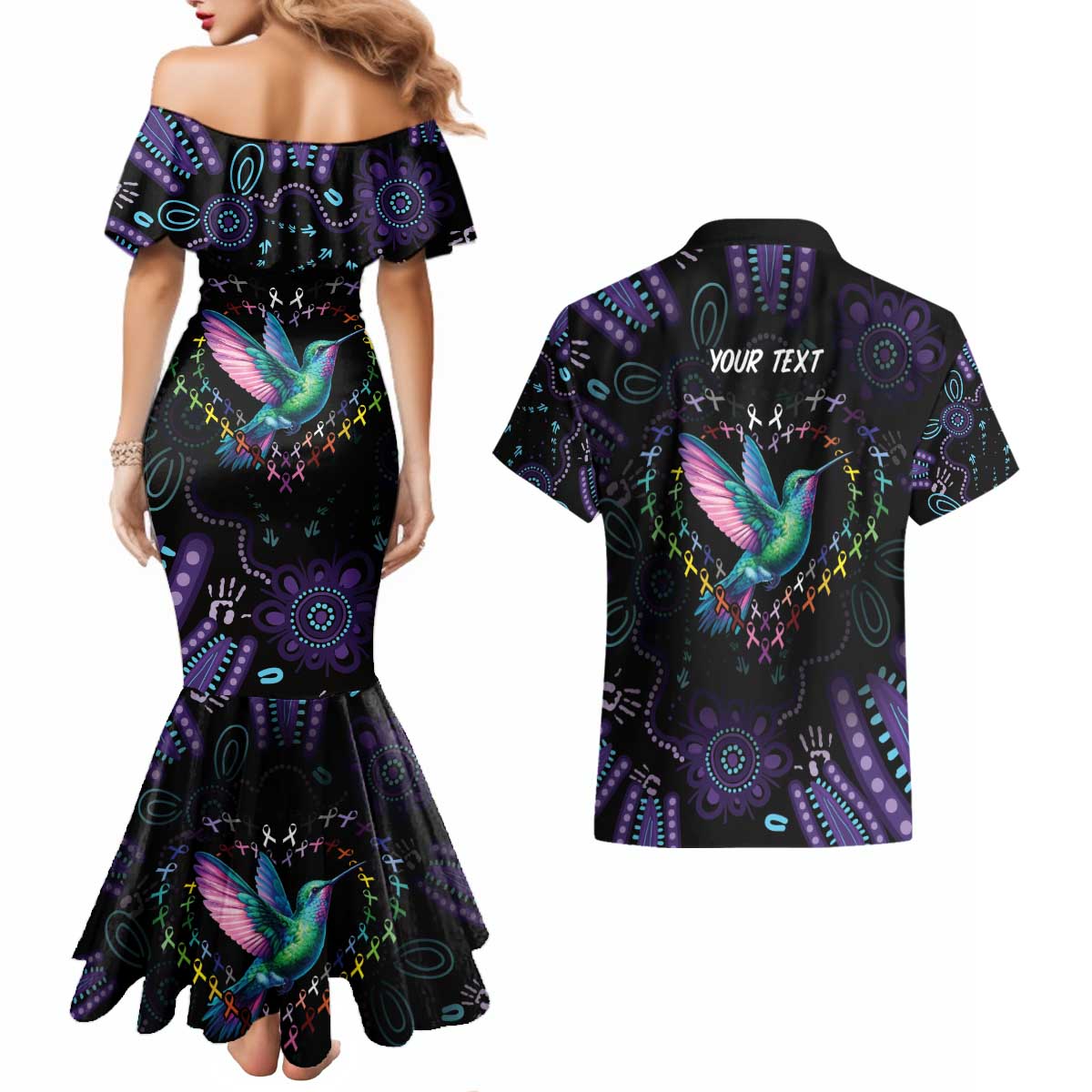 Australia Indigenous Aboriginal Arts Couples Matching Mermaid Dress and Hawaiian Shirt Hummingbird - Fight Cancer In All Colors