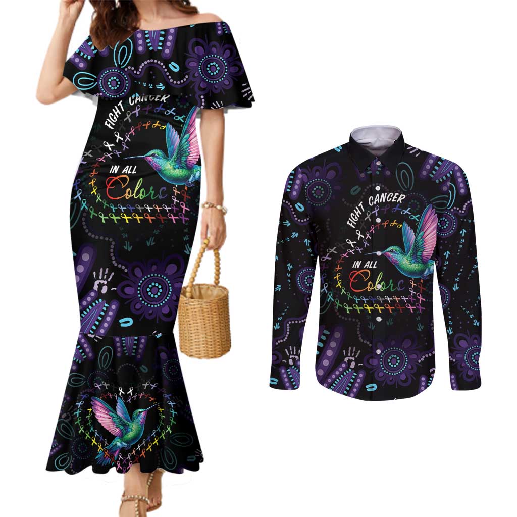 Australia Indigenous Aboriginal Arts Couples Matching Mermaid Dress and Long Sleeve Button Shirt Hummingbird - Fight Cancer In All Colors