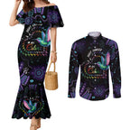 Australia Indigenous Aboriginal Arts Couples Matching Mermaid Dress and Long Sleeve Button Shirt Hummingbird - Fight Cancer In All Colors