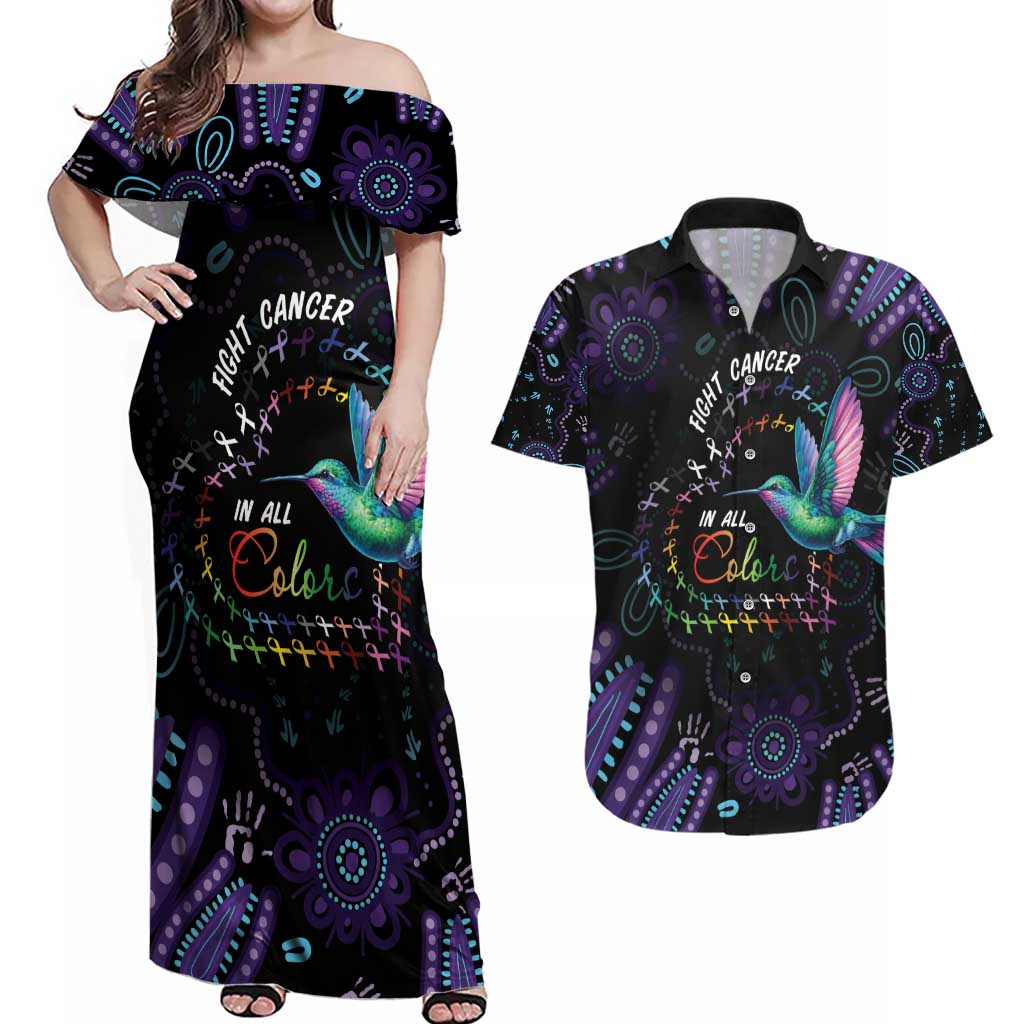 Australia Indigenous Aboriginal Arts Couples Matching Off Shoulder Maxi Dress and Hawaiian Shirt Hummingbird - Fight Cancer In All Colors