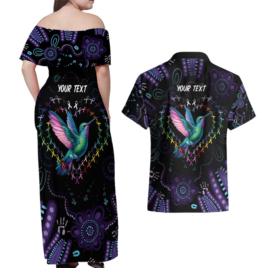 Australia Indigenous Aboriginal Arts Couples Matching Off Shoulder Maxi Dress and Hawaiian Shirt Hummingbird - Fight Cancer In All Colors