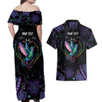 Australia Indigenous Aboriginal Arts Couples Matching Off Shoulder Maxi Dress and Hawaiian Shirt Hummingbird - Fight Cancer In All Colors