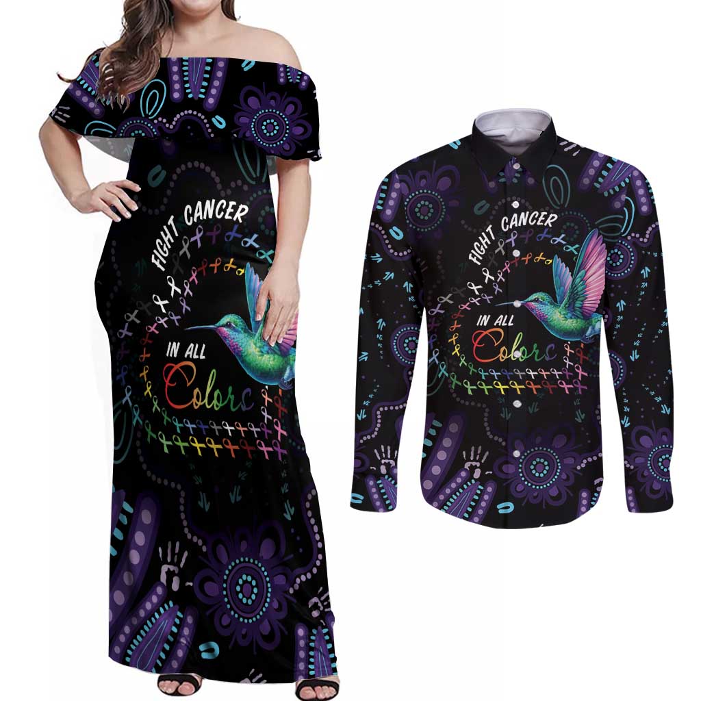 Australia Indigenous Aboriginal Arts Couples Matching Off Shoulder Maxi Dress and Long Sleeve Button Shirt Hummingbird - Fight Cancer In All Colors