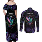 Australia Indigenous Aboriginal Arts Couples Matching Off Shoulder Maxi Dress and Long Sleeve Button Shirt Hummingbird - Fight Cancer In All Colors