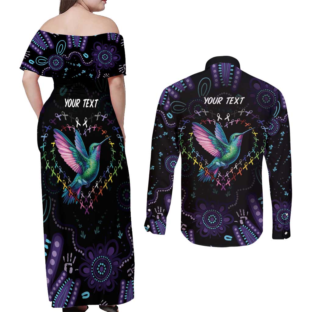 Australia Indigenous Aboriginal Arts Couples Matching Off Shoulder Maxi Dress and Long Sleeve Button Shirt Hummingbird - Fight Cancer In All Colors