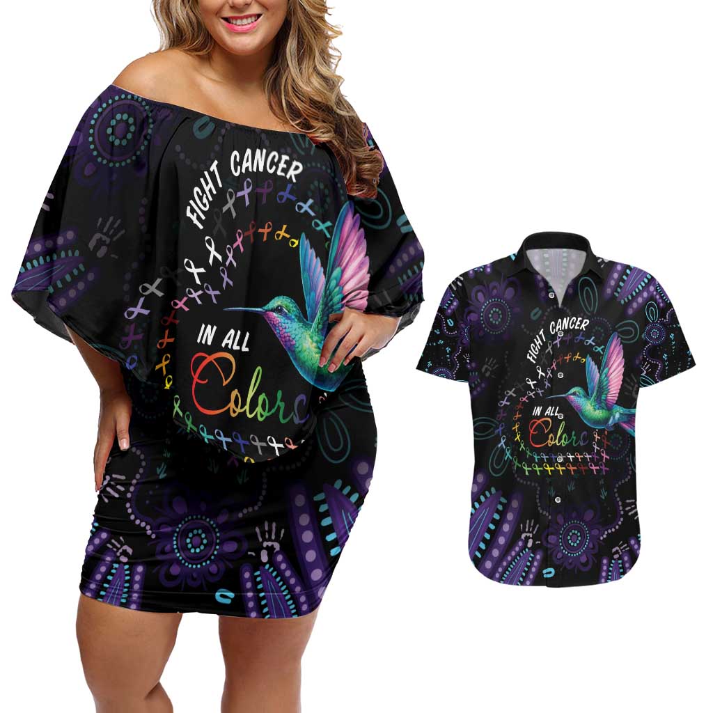 Australia Indigenous Aboriginal Arts Couples Matching Off Shoulder Short Dress and Hawaiian Shirt Hummingbird - Fight Cancer In All Colors