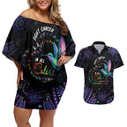 Australia Indigenous Aboriginal Arts Couples Matching Off Shoulder Short Dress and Hawaiian Shirt Hummingbird - Fight Cancer In All Colors