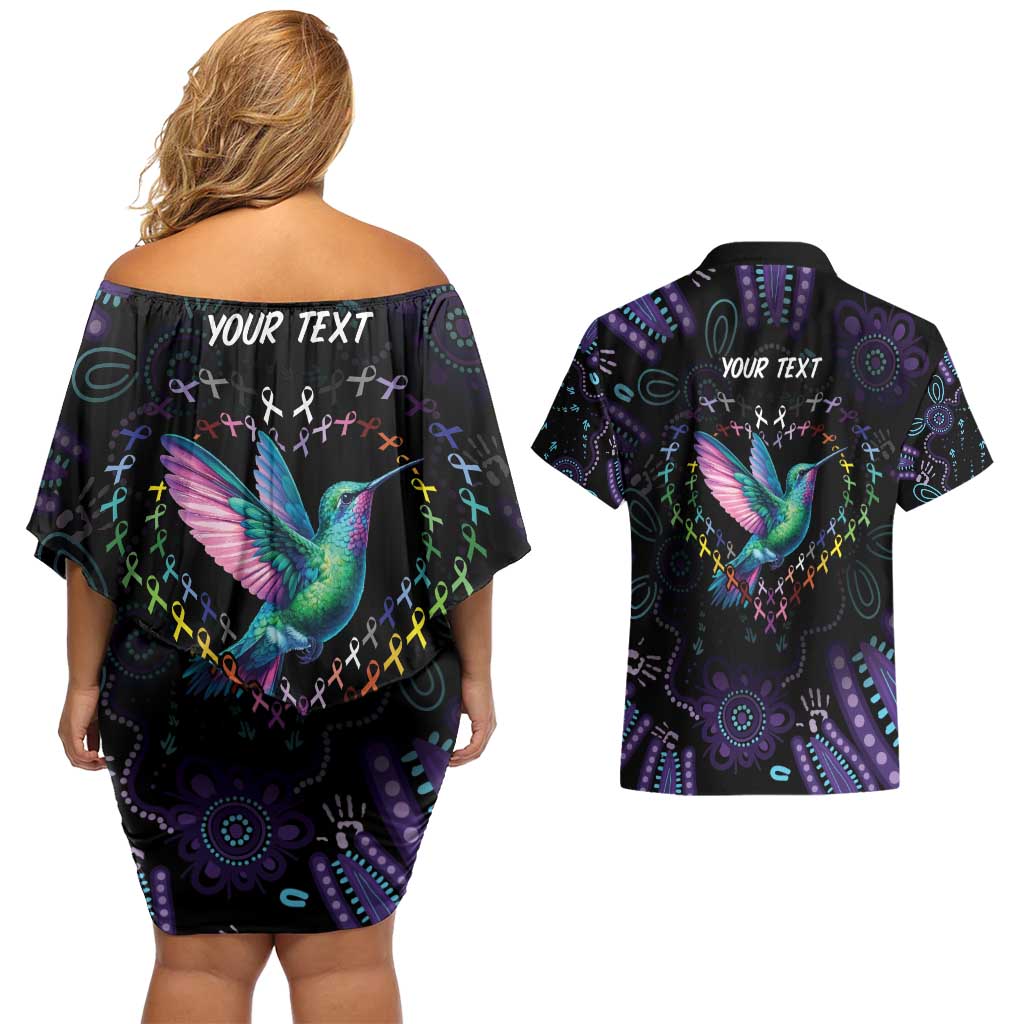 Australia Indigenous Aboriginal Arts Couples Matching Off Shoulder Short Dress and Hawaiian Shirt Hummingbird - Fight Cancer In All Colors