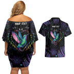Australia Indigenous Aboriginal Arts Couples Matching Off Shoulder Short Dress and Hawaiian Shirt Hummingbird - Fight Cancer In All Colors