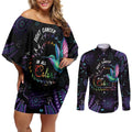 Australia Indigenous Aboriginal Arts Couples Matching Off Shoulder Short Dress and Long Sleeve Button Shirt Hummingbird - Fight Cancer In All Colors