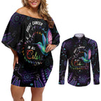 Australia Indigenous Aboriginal Arts Couples Matching Off Shoulder Short Dress and Long Sleeve Button Shirt Hummingbird - Fight Cancer In All Colors