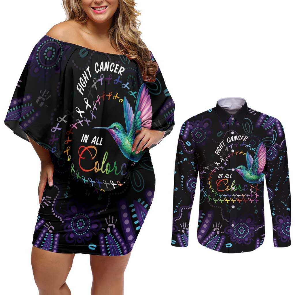 Australia Indigenous Aboriginal Arts Couples Matching Off Shoulder Short Dress and Long Sleeve Button Shirt Hummingbird - Fight Cancer In All Colors