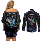Australia Indigenous Aboriginal Arts Couples Matching Off Shoulder Short Dress and Long Sleeve Button Shirt Hummingbird - Fight Cancer In All Colors