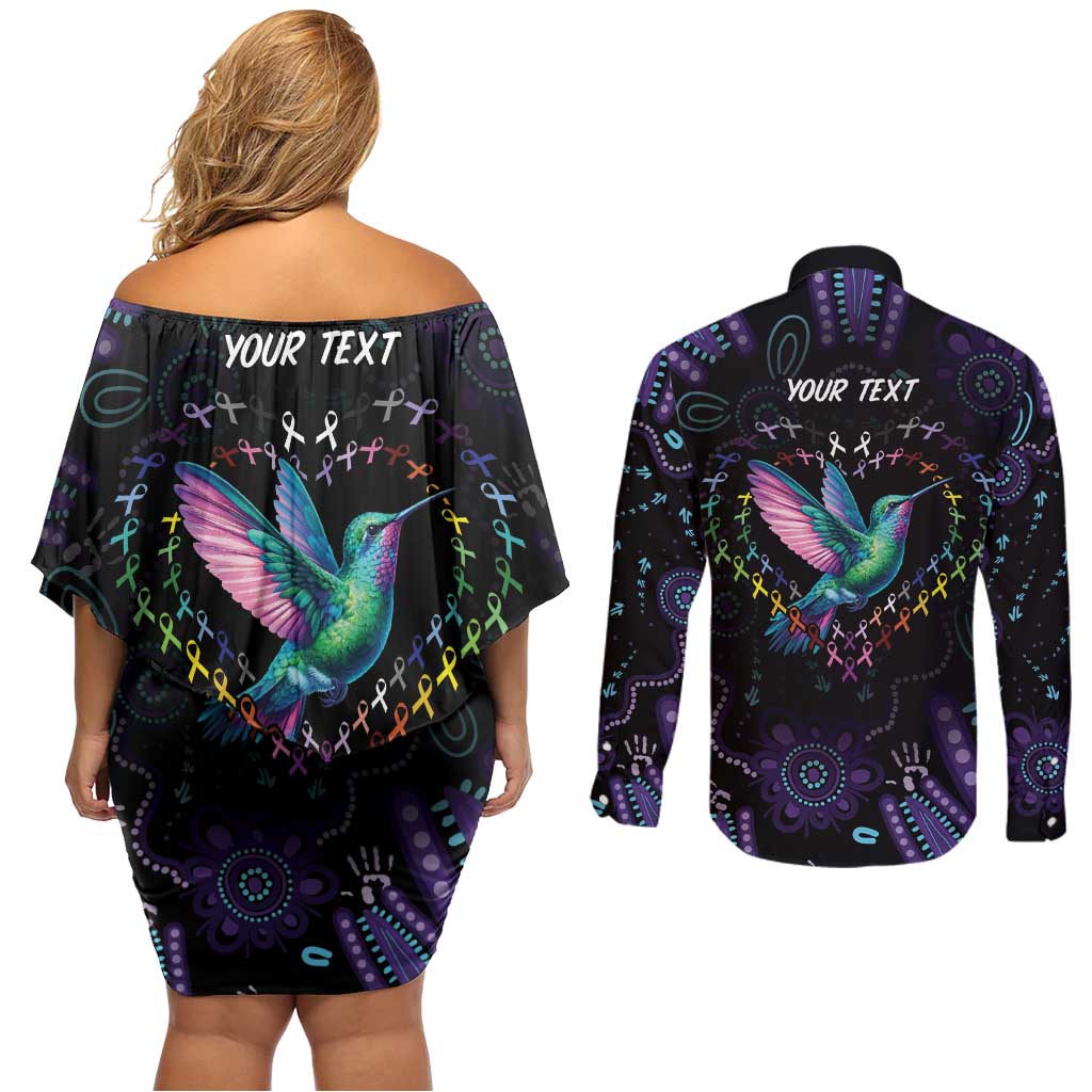 Australia Indigenous Aboriginal Arts Couples Matching Off Shoulder Short Dress and Long Sleeve Button Shirt Hummingbird - Fight Cancer In All Colors