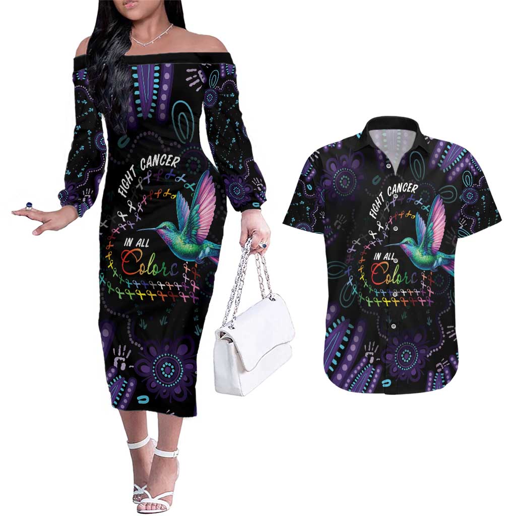Australia Indigenous Aboriginal Arts Couples Matching Off The Shoulder Long Sleeve Dress and Hawaiian Shirt Hummingbird - Fight Cancer In All Colors