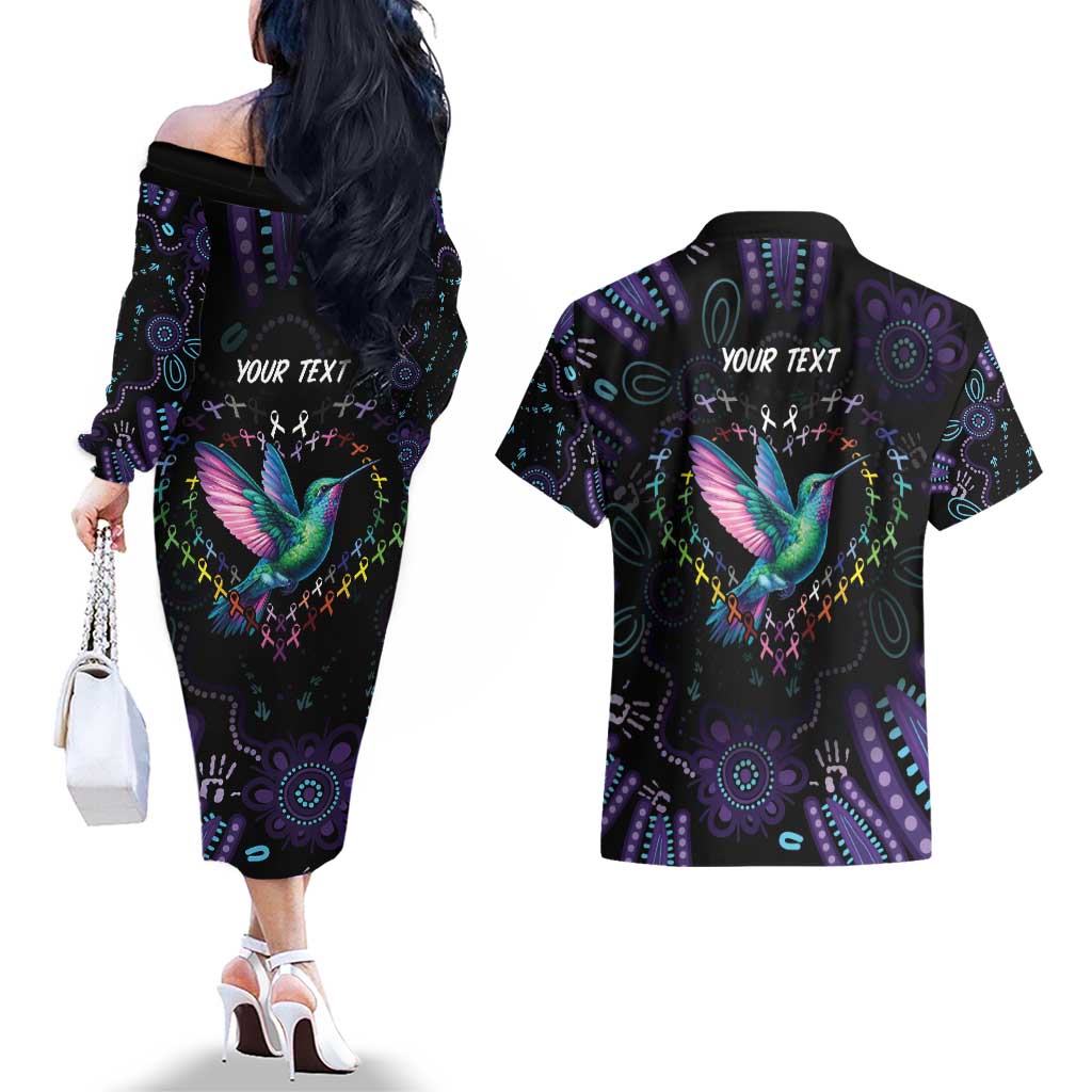 Australia Indigenous Aboriginal Arts Couples Matching Off The Shoulder Long Sleeve Dress and Hawaiian Shirt Hummingbird - Fight Cancer In All Colors