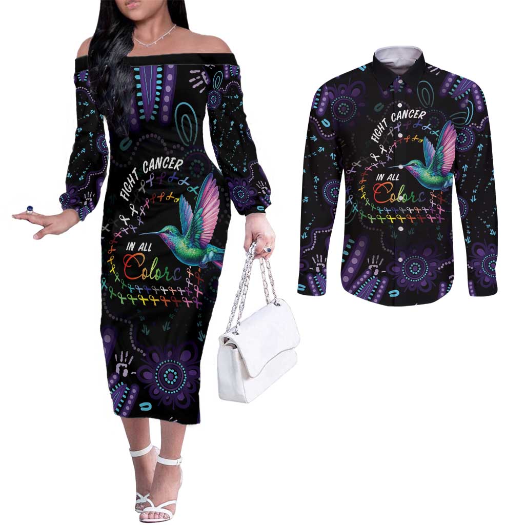 Australia Indigenous Aboriginal Arts Couples Matching Off The Shoulder Long Sleeve Dress and Long Sleeve Button Shirt Hummingbird - Fight Cancer In All Colors