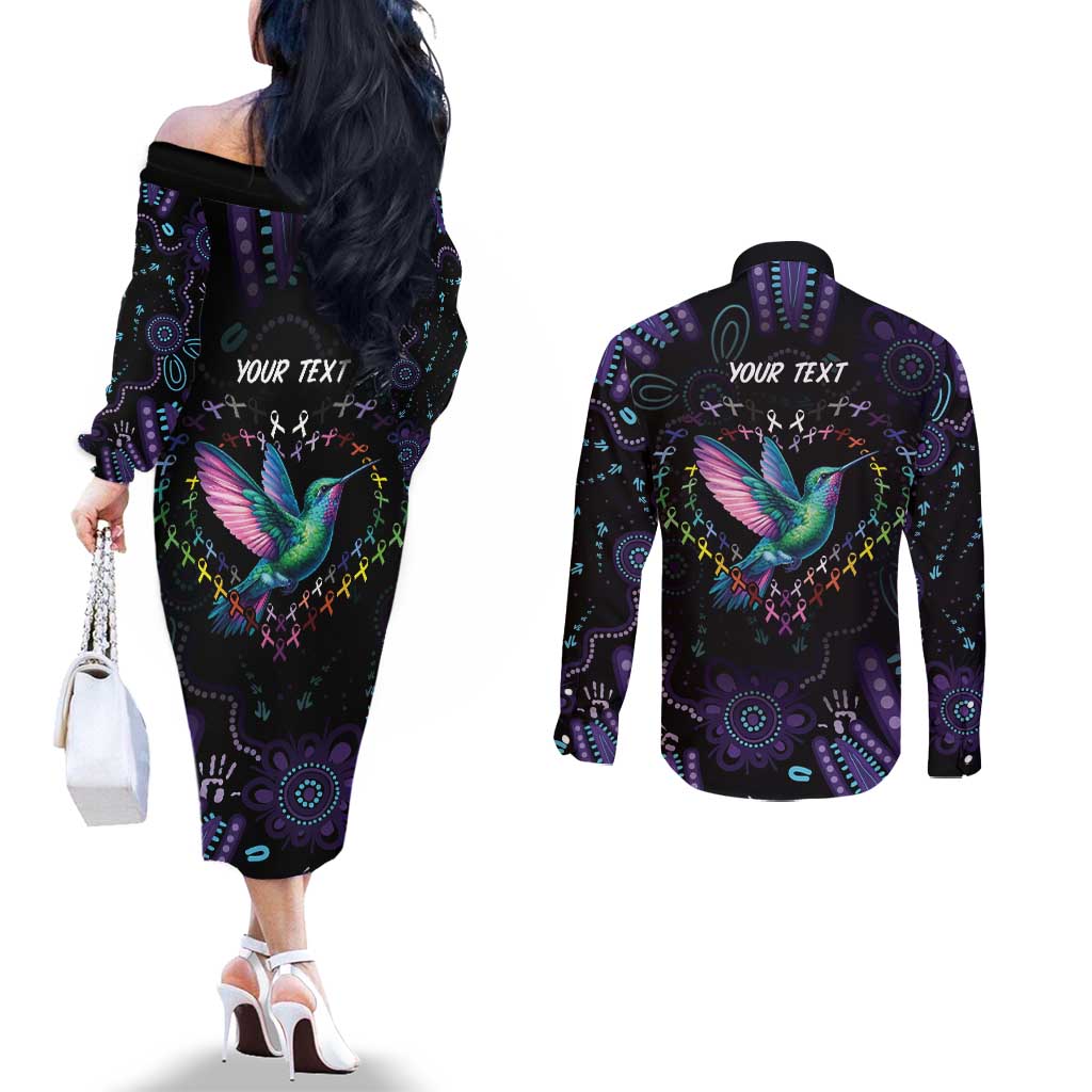 Australia Indigenous Aboriginal Arts Couples Matching Off The Shoulder Long Sleeve Dress and Long Sleeve Button Shirt Hummingbird - Fight Cancer In All Colors