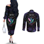 Australia Indigenous Aboriginal Arts Couples Matching Off The Shoulder Long Sleeve Dress and Long Sleeve Button Shirt Hummingbird - Fight Cancer In All Colors
