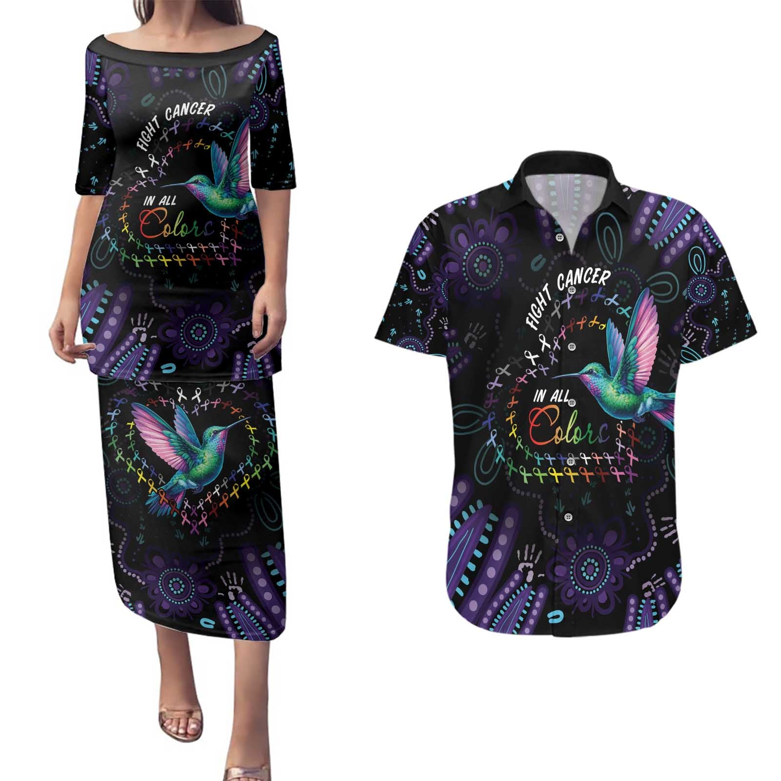 Australia Indigenous Aboriginal Arts Couples Matching Puletasi and Hawaiian Shirt Hummingbird - Fight Cancer In All Colors