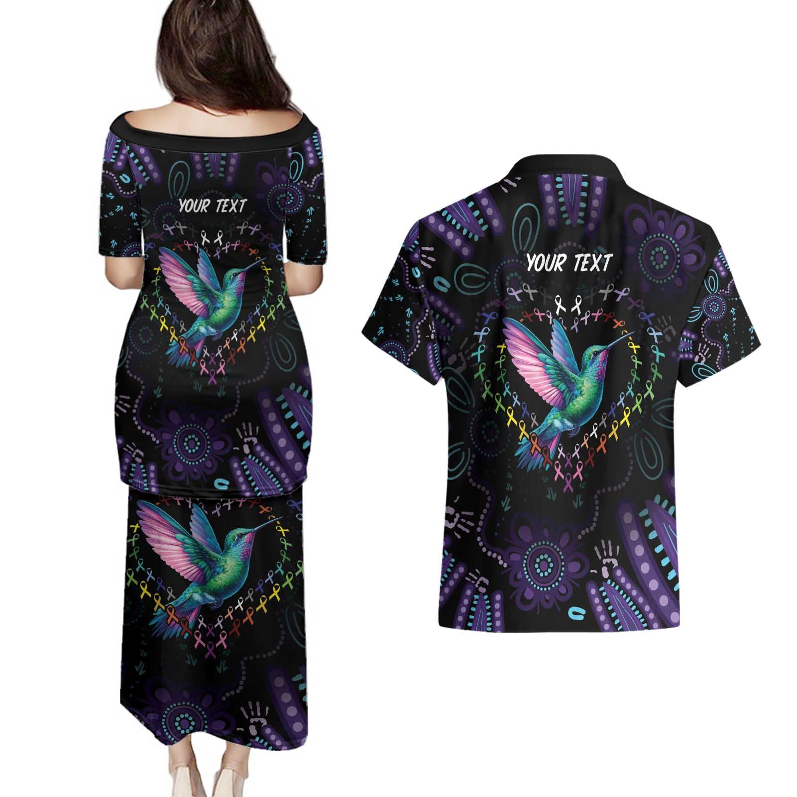 Australia Indigenous Aboriginal Arts Couples Matching Puletasi and Hawaiian Shirt Hummingbird - Fight Cancer In All Colors