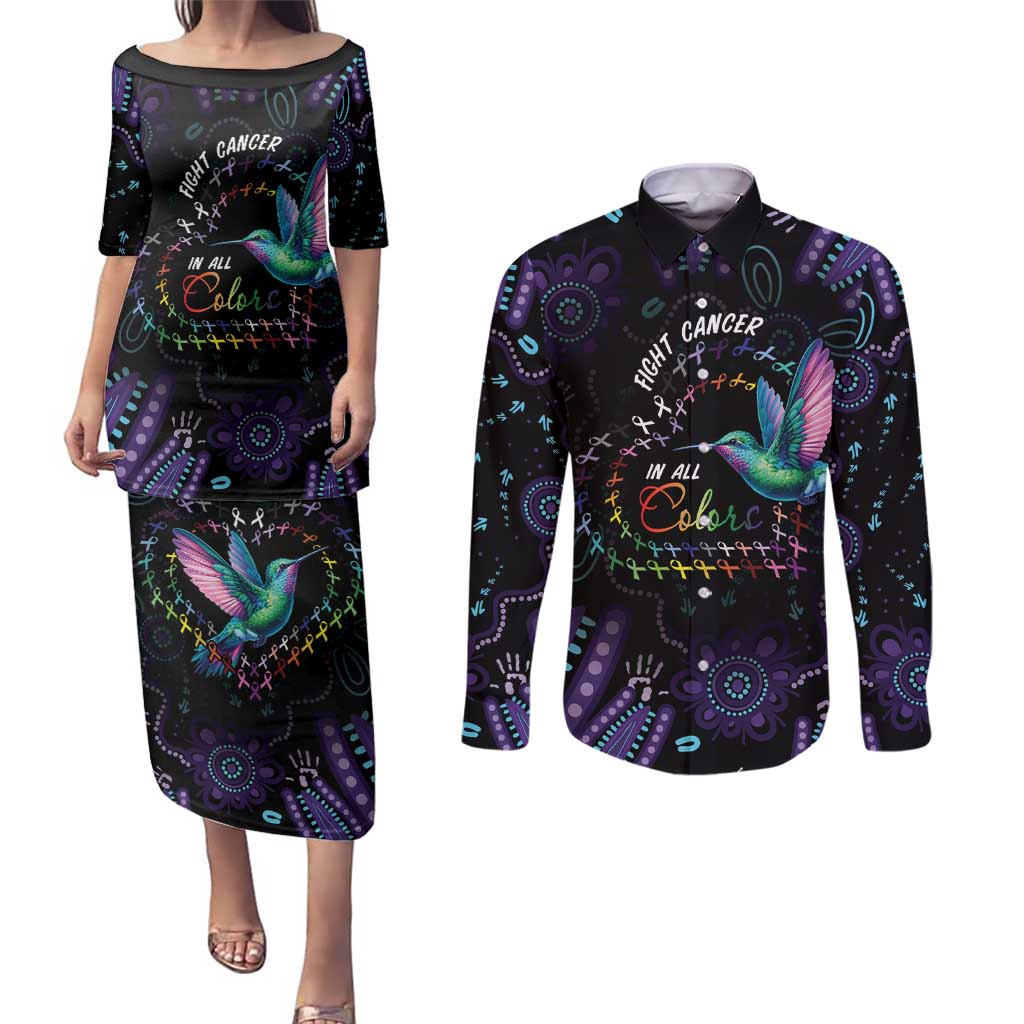 Australia Indigenous Aboriginal Arts Couples Matching Puletasi and Long Sleeve Button Shirt Hummingbird - Fight Cancer In All Colors