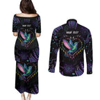 Australia Indigenous Aboriginal Arts Couples Matching Puletasi and Long Sleeve Button Shirt Hummingbird - Fight Cancer In All Colors