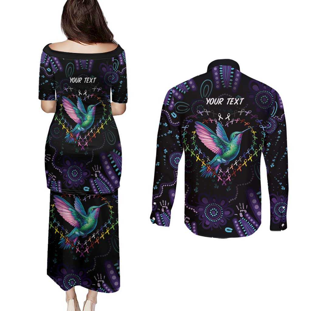 Australia Indigenous Aboriginal Arts Couples Matching Puletasi and Long Sleeve Button Shirt Hummingbird - Fight Cancer In All Colors