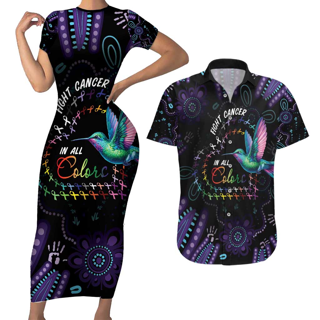 Australia Indigenous Aboriginal Arts Couples Matching Short Sleeve Bodycon Dress and Hawaiian Shirt Hummingbird - Fight Cancer In All Colors