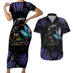 Australia Indigenous Aboriginal Arts Couples Matching Short Sleeve Bodycon Dress and Hawaiian Shirt Hummingbird - Fight Cancer In All Colors