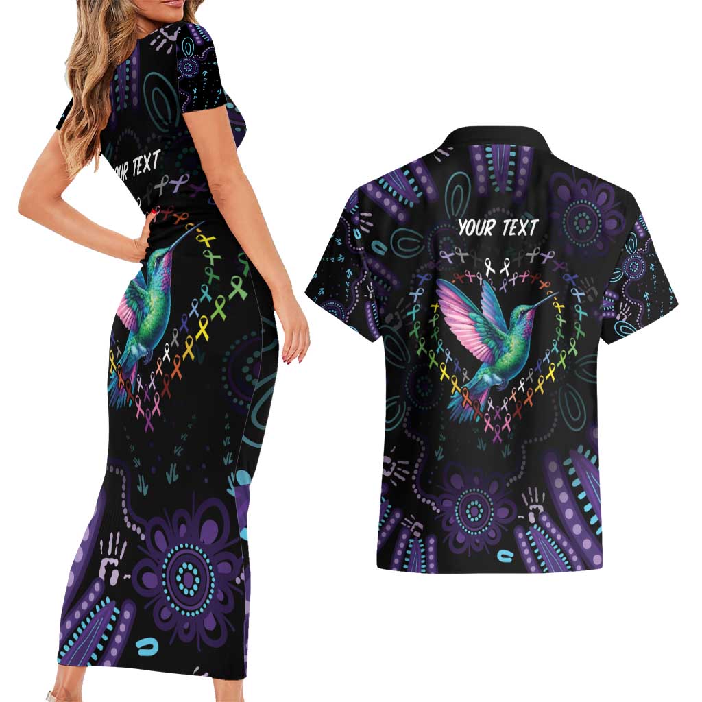 Australia Indigenous Aboriginal Arts Couples Matching Short Sleeve Bodycon Dress and Hawaiian Shirt Hummingbird - Fight Cancer In All Colors