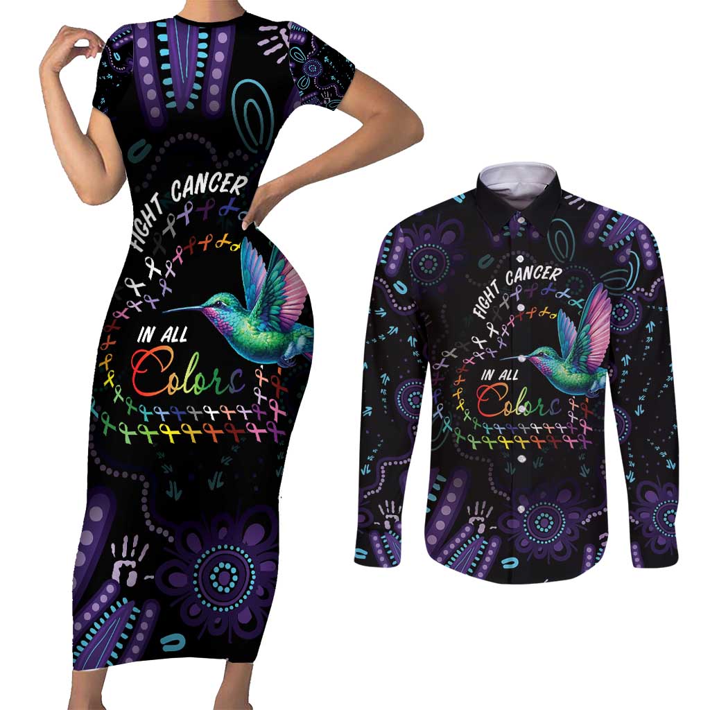 Australia Indigenous Aboriginal Arts Couples Matching Short Sleeve Bodycon Dress and Long Sleeve Button Shirt Hummingbird - Fight Cancer In All Colors