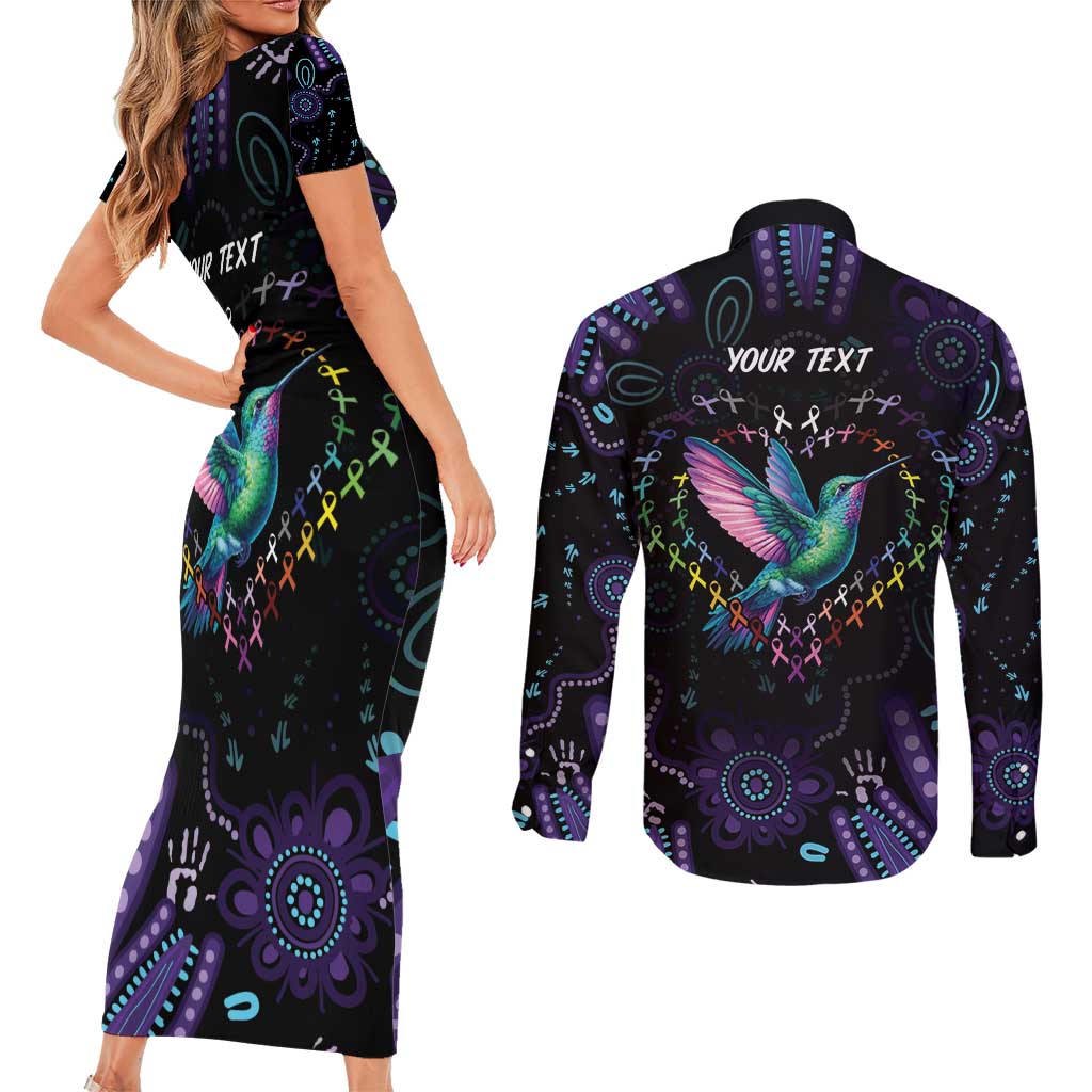 Australia Indigenous Aboriginal Arts Couples Matching Short Sleeve Bodycon Dress and Long Sleeve Button Shirt Hummingbird - Fight Cancer In All Colors