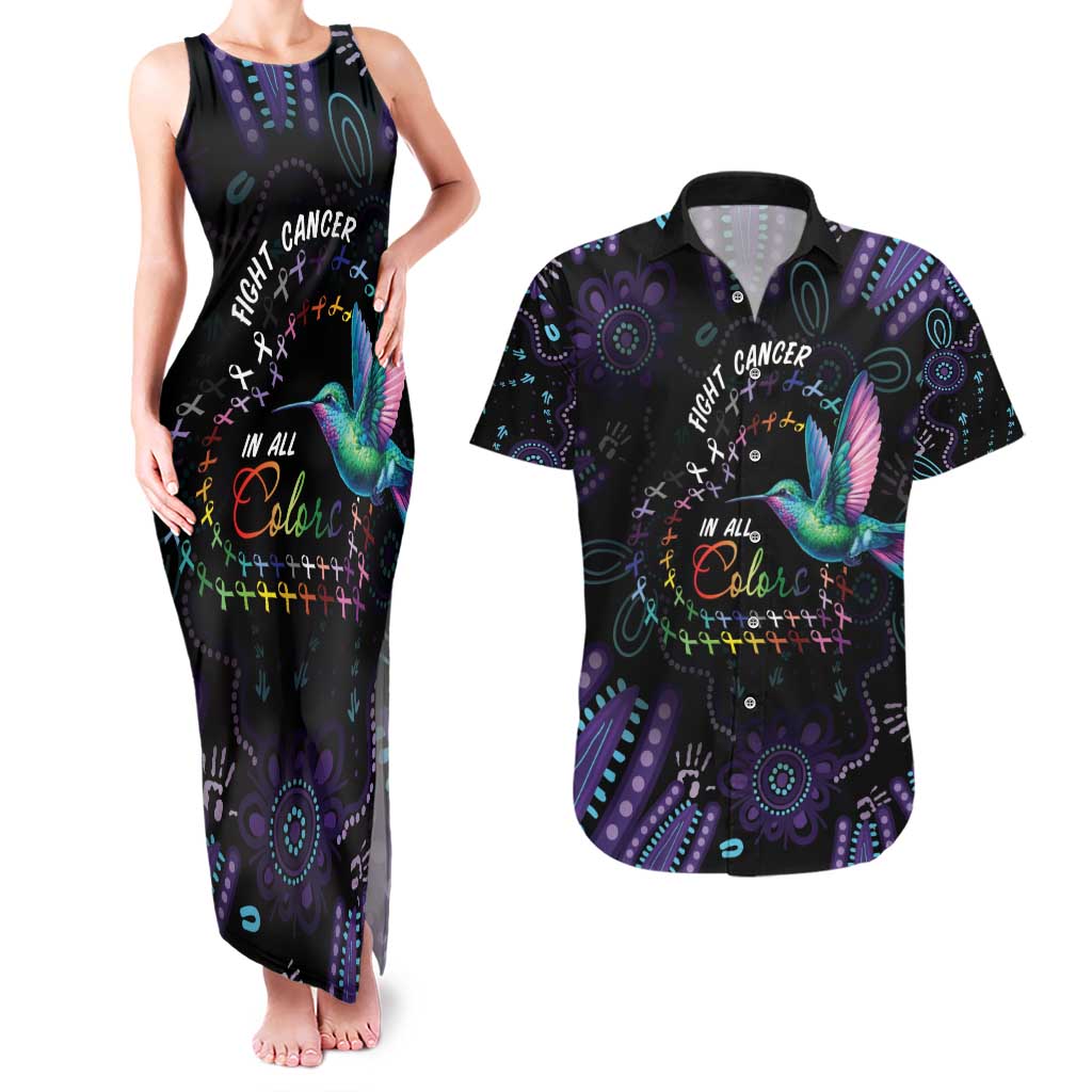 Australia Indigenous Aboriginal Arts Couples Matching Tank Maxi Dress and Hawaiian Shirt Hummingbird - Fight Cancer In All Colors