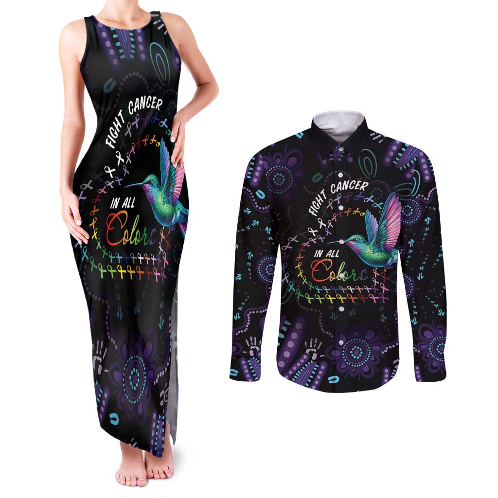 Australia Indigenous Aboriginal Arts Couples Matching Tank Maxi Dress and Long Sleeve Button Shirt Hummingbird - Fight Cancer In All Colors